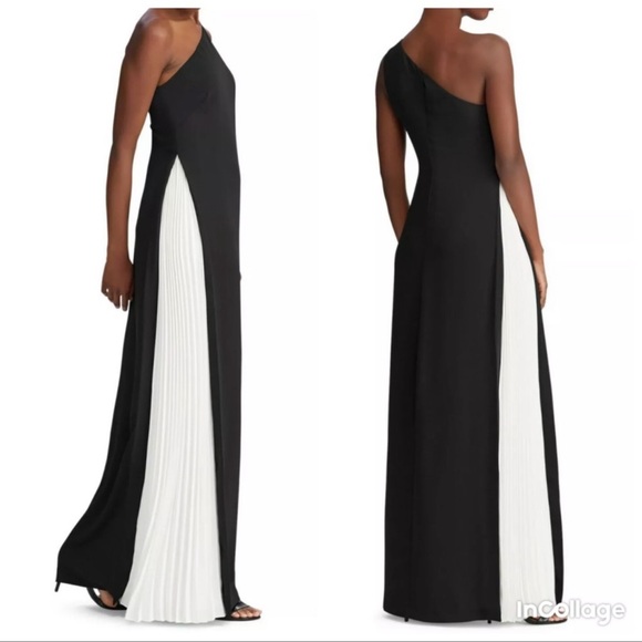 RALPH LAUREN Black Pleated Sleeveless Asymmetrical Neck Maxi Sheath Dress 8 - Picture 2 of 5